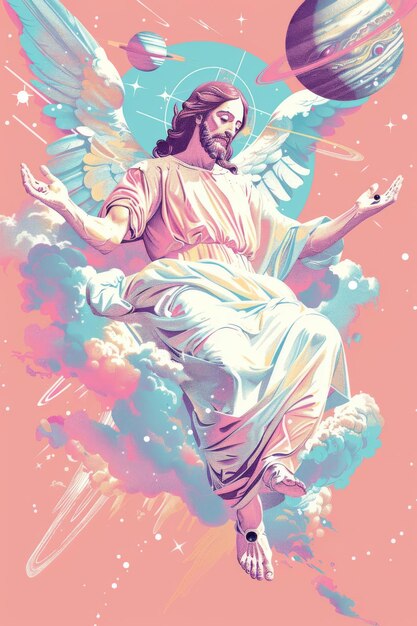 Foto jesus com asas brancas de anjo tunica branca sagrada protegendo a terra e os planetas cores rosa e azul