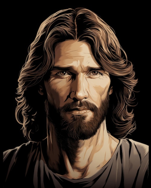 Jesus com cabelo longo e barba em um fundo preto
