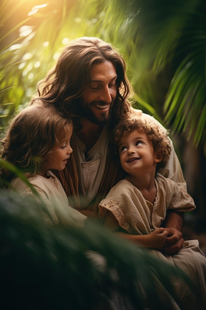 Jesus com crianças batismo religioso e conceito católico