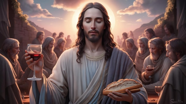 Jesus com os olhos fechados segurando vinho e pão