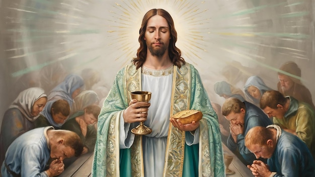 Jesus com os olhos fechados segurando vinho e pão