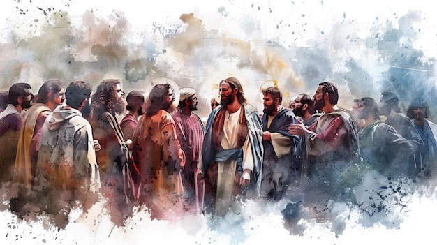 Jesus com seus apóstolos em uma pintura digital de aquarela em um fundo branco após sua ressurreição