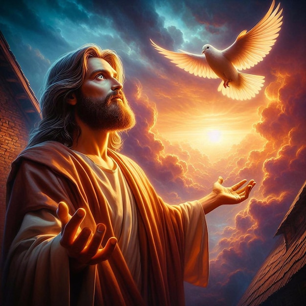 Jesus com uma pomba no céu