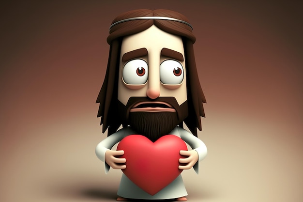 Jesús como un encantador personaje de dibujos animados con un corazón de amor.