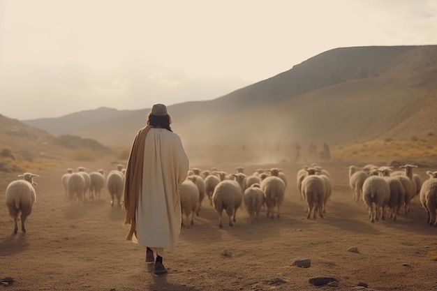 Jesús como pastor guiando un rebaño de ovejas Ilustración generativa de IA