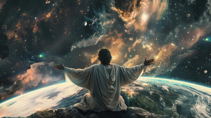 Foto jesús como el redentor una visión realista con vistas a la tierra desde el espacio con esplendor cósmico