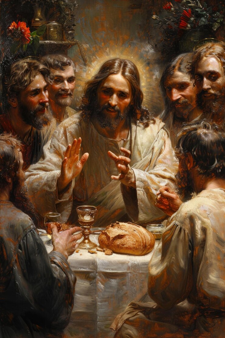 Foto jesus compartilhando uma refeição com os discípulos em um ambiente quente à luz de velas durante uma reunião bíblica