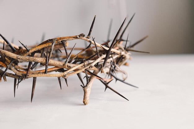 Jesús Corona Espinas y clavos y cruz sobre un fondo blanco Crucifixión de Jesucristo Pasión de Jesucristo Concepto de fe espiritualidad y religión Día de Pascua