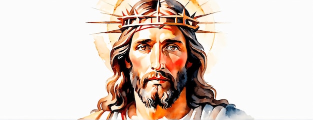 Jesús con corona de espinas en estilo acuarela sobre fondo blanco.