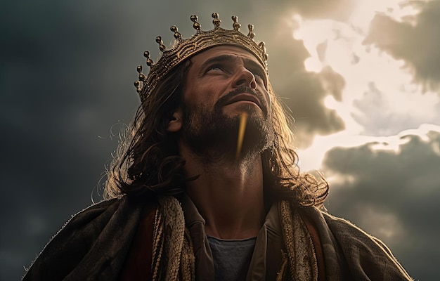 Jesús con una corona de gloria y rayos de sol en el estilo de los retratos atmosféricos