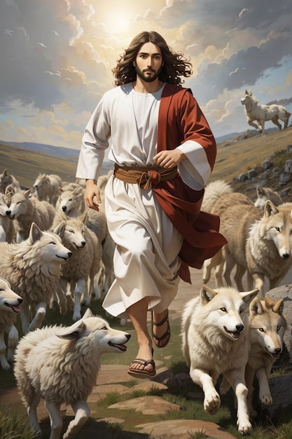 Jesús corriendo hacia el lobo y el cordero