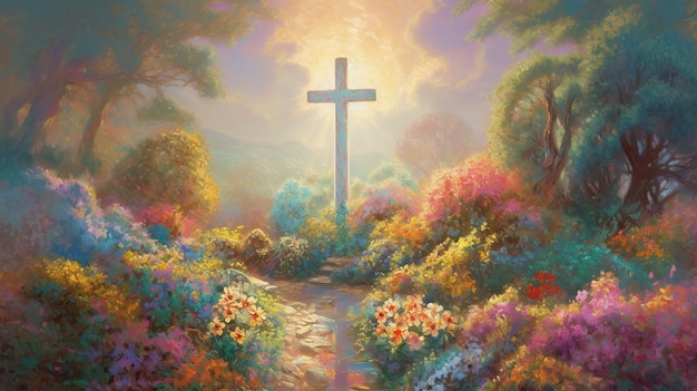 Foto jesús cristiano cruz hermoso paraíso jardín pintura al óleo celestial