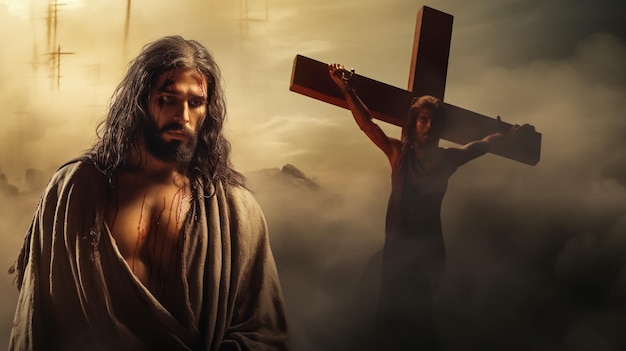 Jesús cristiano con el signo de la cruz Viernes Santo fondo resurrección de Jesús