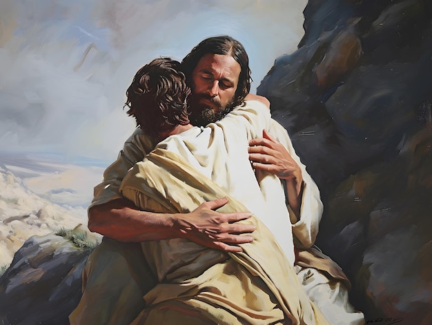 Jesus Cristo abraçando e confortando um homem pintura a óleo