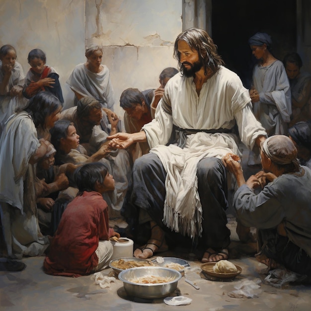 Jesus Cristo alimentou o pão para os pobres bíblia religião evangelhos escrituras antigas história mãos de Jesus dando pão aos pobres história bíblica para alimentar a caridade faminta