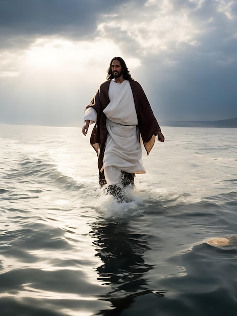 Jesus Cristo andando sobre as águas no mar da Galileia generativo ai