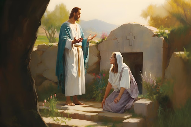 Foto jesus cristo aparecendo a maria madalena no túmulo vazio após a ressurreição