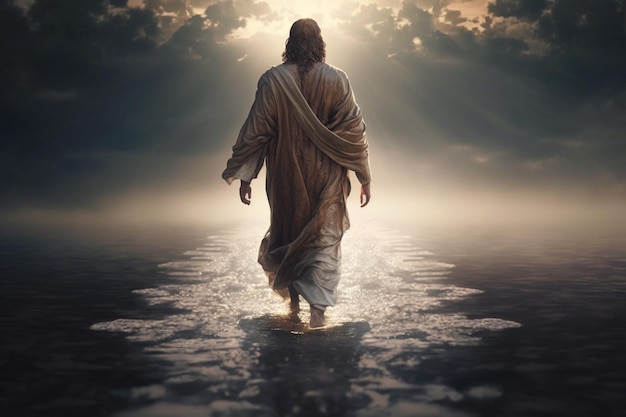 Jesus Cristo caminha sobre a água Conceito religioso Bíblia Fé Desenho com tintas Pintura