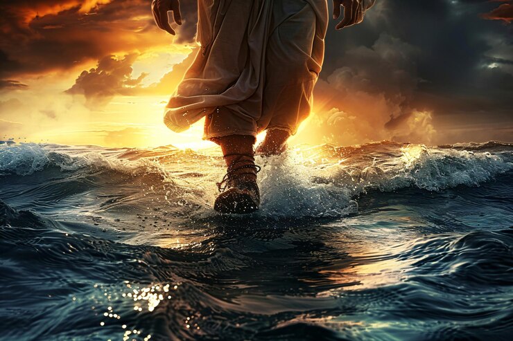Foto jesus cristo caminhando sobre a água através do mar tema bíblico paz esperança religião e cristianismo