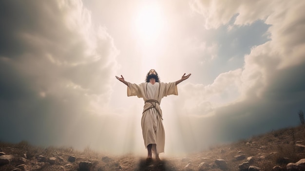 Foto jesus cristo com as mãos levantadas na frente do sol ia generativa