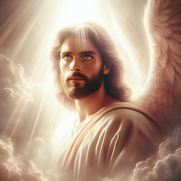 Jesus Cristo com asas brancas e raios de luz em um fundo escuro