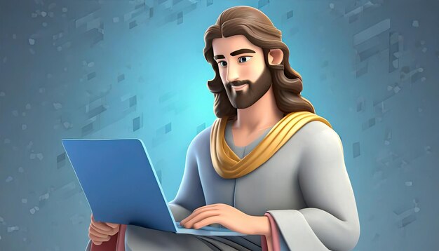 Jesús Cristo con una computadora portátil