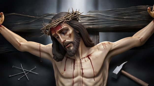 Jesus Cristo coroa de espinhos pregos e martelo renderização 3D