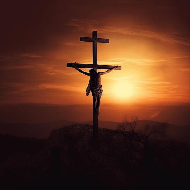 Jesus Cristo crucificado na cruz no Monte Gólgota Morreu pelos pecados da humanidade filho de Deus Bíblia fé natal religião católica cristão feliz páscoa rezando boa sexta-feira Generative AI