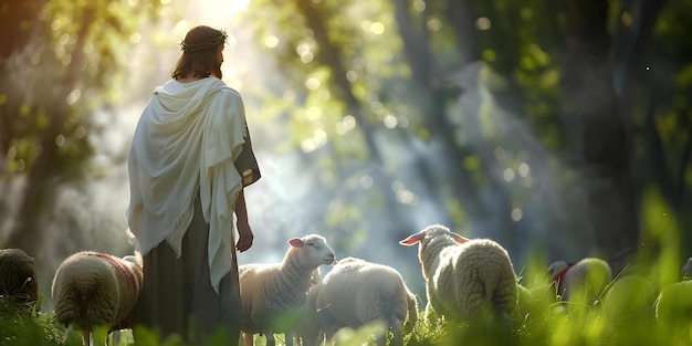 Foto jesus cristo cuidando de ovelhas em um belo pasto verde conceito cristianismo jesus cristo cena pastoral cuidado e proteção conexão espiritual
