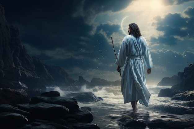 Foto jesus cristo deus caminha sobre o milagre da água