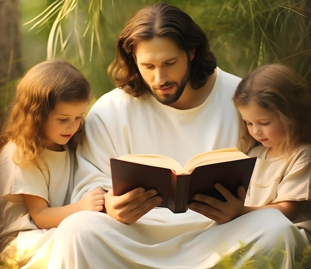 Foto jesus cristo e crianças lendo um livro no jardim