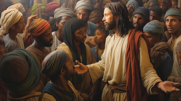 Jesus Cristo falando com as pessoas pintura a óleo