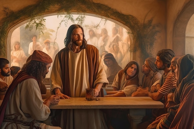 Jesus Cristo falando com as pessoas pintura a óleo