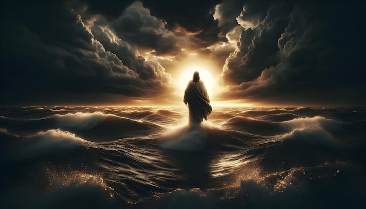 Foto jesus cristo filho de deus caminhando sobre a água céu cristianismo e conceito de salvação