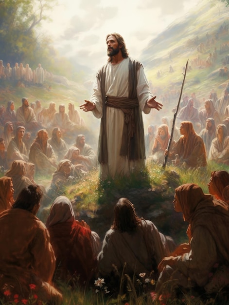 Jesus Cristo lê um sermão na frente de uma multidão de crentes