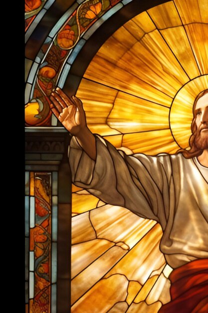 Foto jesus cristo na água iluminada pelo sol da manhã visão traseira generativa ai