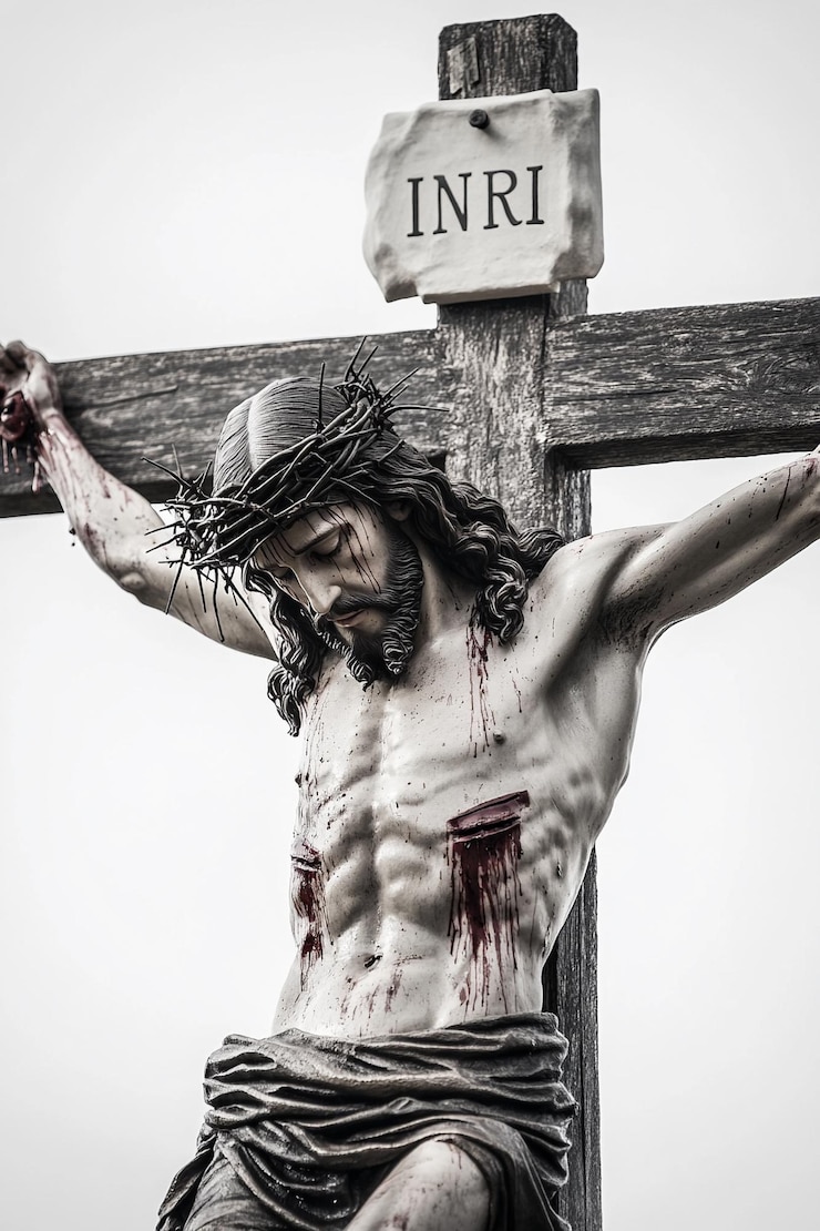 Foto jesus cristo na cruz foto realista na placa no topo da cruz diz inri