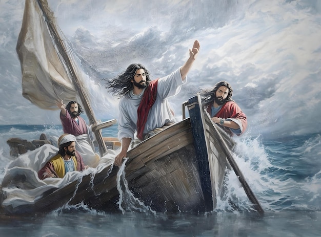 Jesus Cristo no barco acalma a tempestade no mar Fique quieto