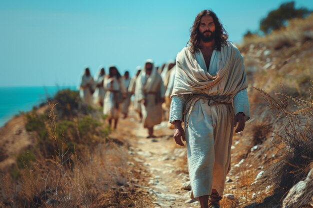 Foto jesus cristo, o filho de deus, o salvador da humanidade, em viagem a jerusalém, belém, prega a religião do cristianismo a uma multidão de seus seguidores.