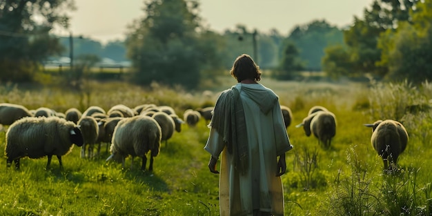 Foto jesus cristo pastor vigiando ovelhas e cabras pastando em um campo verde exuberante conceito cristianismo arte religiosa imagens bíblicas bom pastor cena pastoral