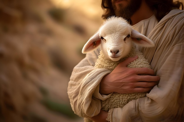 Foto jesus cristo recuperou a ovelha perdida carregando-a nos braços