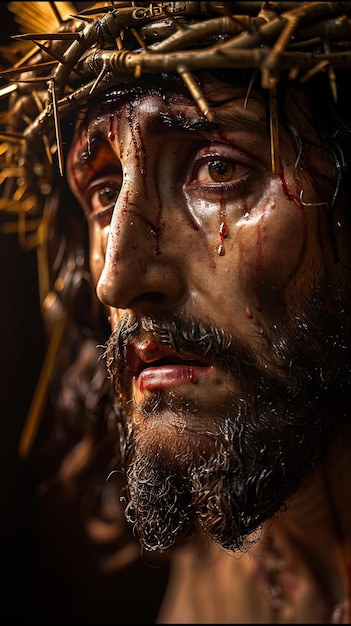 jesus cristo representação do calvário na cruz com coroa de espinhos e feridas fé e religião