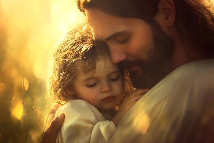 Foto jesus cristo segurando suavemente uma criança em um abraço amoroso, simbolizando cuidado e orientação