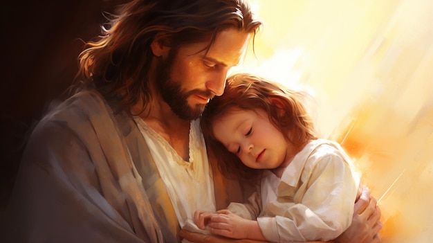 Jesus Cristo segurando uma criança em suas mãos