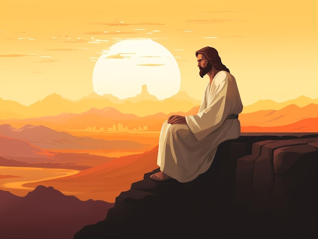 Jesus Cristo sentado no topo da montanha à noite