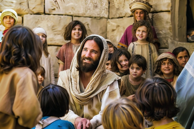 Foto jesus cristo sorridente fala gentilmente com as crianças