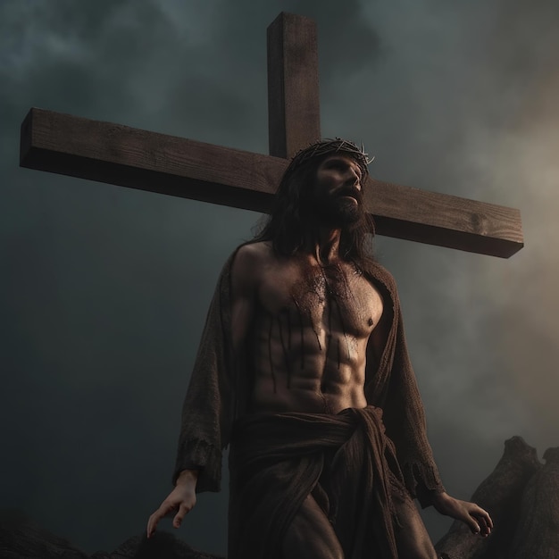 Jesús en una cruz con sangre