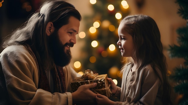 Foto jesus dando presente à criança no conceito de amor de natal