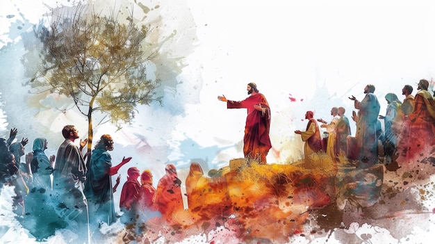 Jesus dando um sermão em uma montanha pintado digitalmente em aquarela sobre um fundo branco