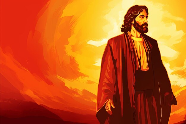 Foto jesus de pé em frente a um pôr do sol laranja